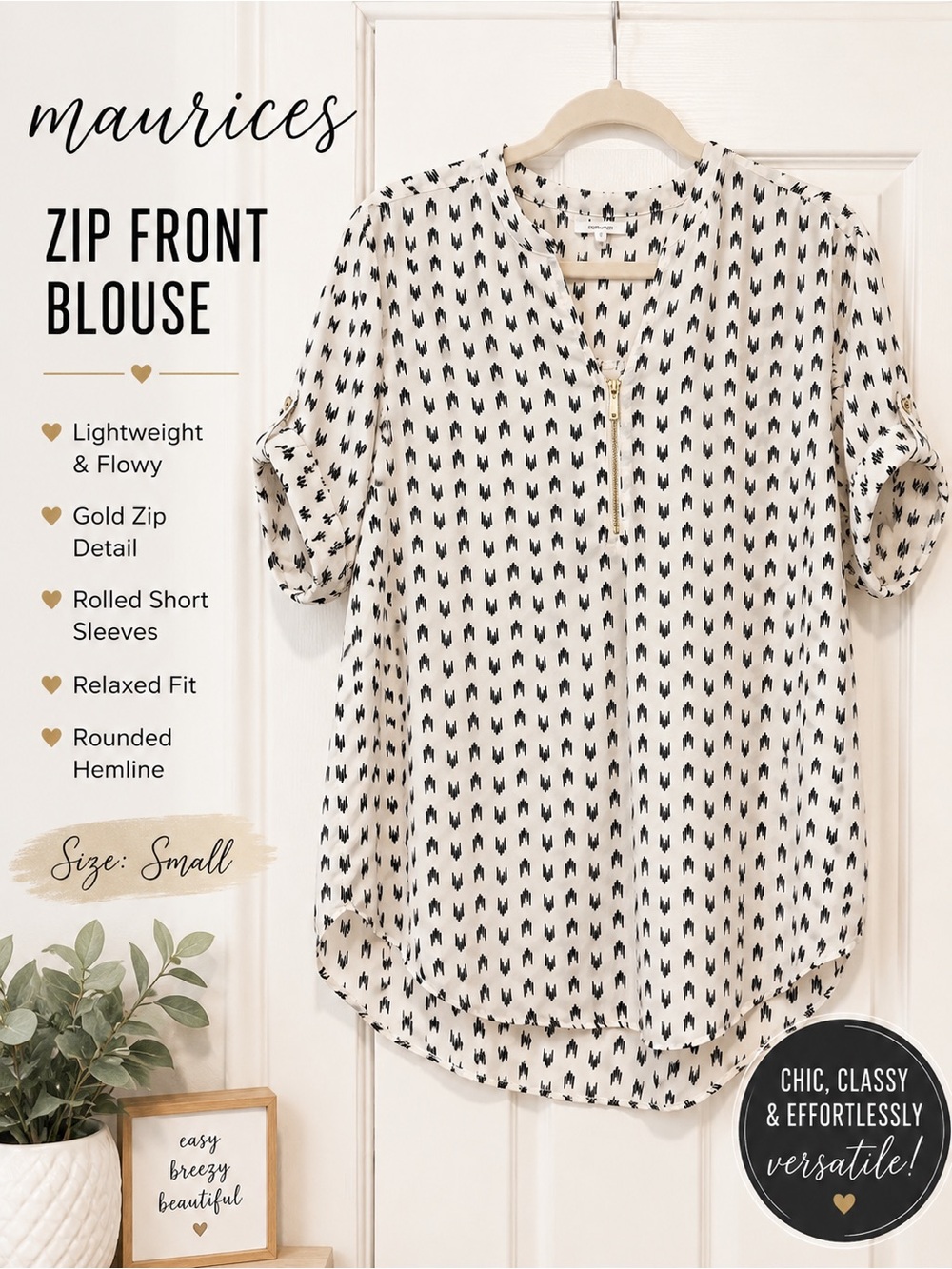 Maurices White & Black Printed Zip Front Blouse – Size Small